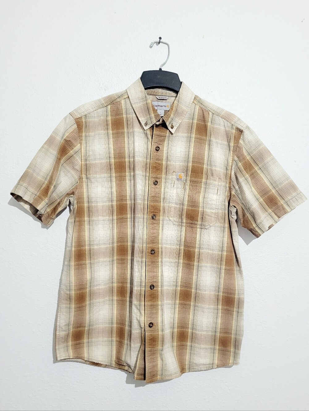 Carhartt Relaxed Fit Plaid Button Front Shirt Mens Size Large Short Sleeve Beige - Picture 2 of 8